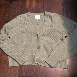 Pink Rose Textured Knit Cardigan in Olive